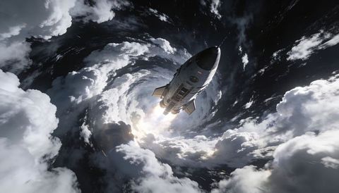 Ascending rocket piercing swirling cloud vortex toward near-space blazing engine plume
