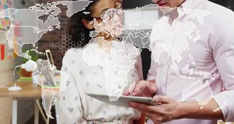 Business Professionals Analyzing Global Data with Tablet and Overlays