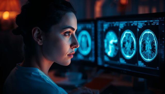 Radiologist analyzing brain scans in advanced reading room