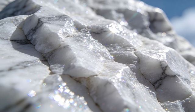 Glinting white quartz crystal closeup showing faceted ridges, sparkling mineral texture
