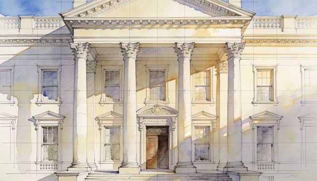 Neoclassical portico with corinthian columns watercolor ink architectural facade study