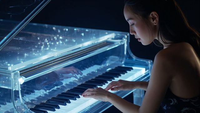 Asian pianist performing on glowing acrylic grand piano under blue spotlight
