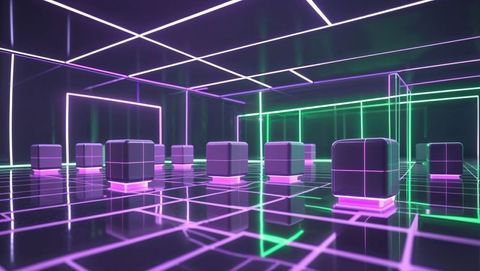 Immersive Neon Cube Reflecting in Virtual Futuristic Gallery