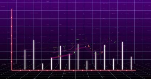 Futuristic neon candlestick chart with trend lines in digital space