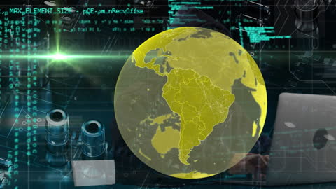 Digital World Map with Data Overlay and Laptop User