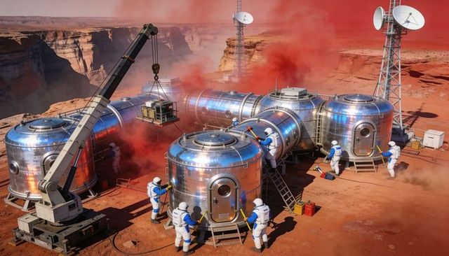 Mars outpost crew installing modular habitat units on red canyon surface with crane