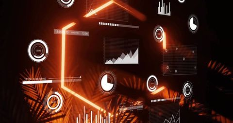 Neon holographic data dashboard with orange glow, floating charts and palm shadows