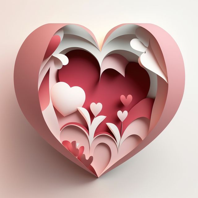 Layered heart-shaped paper craft with intricate details, perfect for celebrating Valentine's Day and romantic occasions. Features shades of pink, red, and white, adding a delicate and artistic touch to event decorations, greeting cards, or DIY projects. This creative design can be used for social media posts, blogs, or invitations related to love and romance.