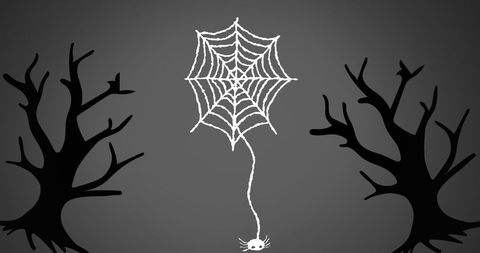 Halloween Spider Web with Creepy Trees on Gray Background