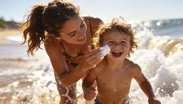 Mom applying sunscreen on laughing toddler at sunny beach, mother child bonding moment