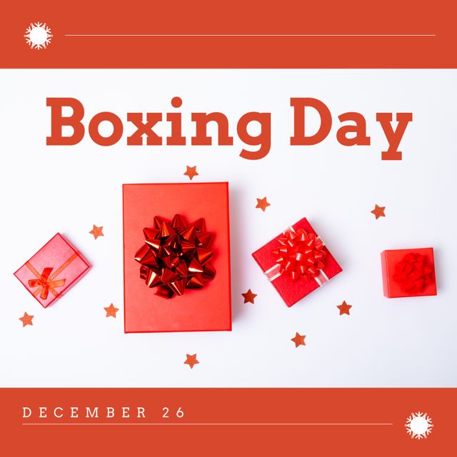 Elegant design showcasing red presents with shiny bows against a red background, featuring Boxing Day text and stars. Ideal for greeting cards, holiday promotions, social media posts, festive event invitations, and Christmas season advertisements.