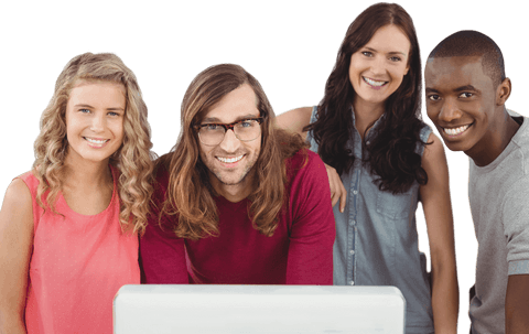 Transparent smiling business team collaborating at desk