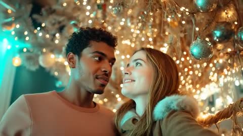 Couple Enjoying Festive Moment Under Sparkling Lights