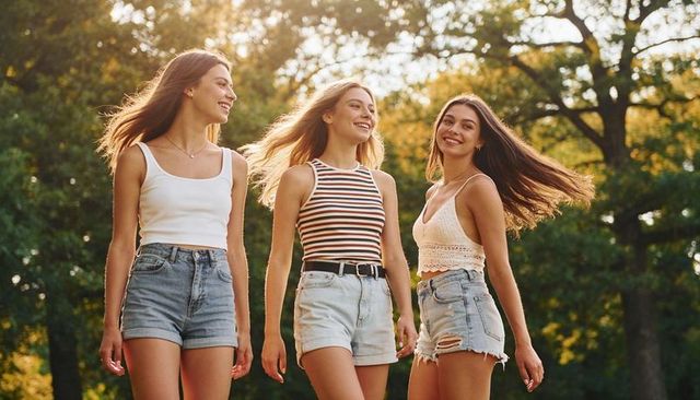 Three teenage friends strolling and laughing at golden hour in sunlit park in denim shorts