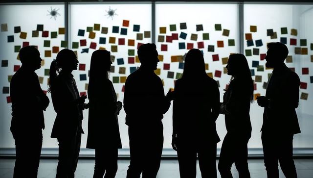 Silhouetted team in discussion with sticky notes on glass wall
