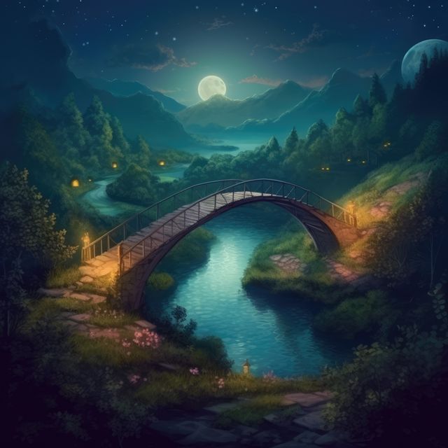 Landscape with bridge over river, mountains with full moon, created using generative ai technology. Scenic, nature and fairytale concept digitally generated image.