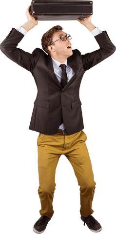 Young Businessman Holding Briefcase Overhead Facing Stress