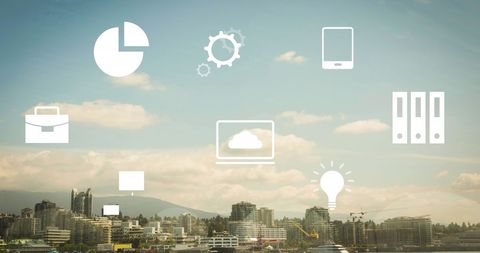 Digital Business Icons Over Modern City Panorama - Download Free Stock Images Pikwizard.com