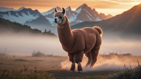 Majestic brown llama in misty mountain sunrise serenity