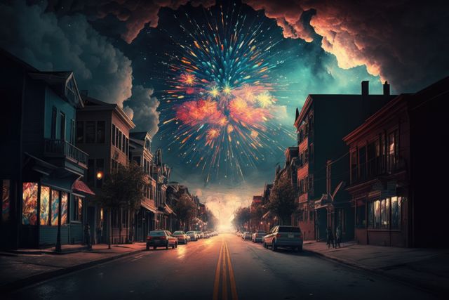 Multi coloured fireworks exploding over city street, created using generative ai technology. New year's eve and celebration concept digitally generated image.