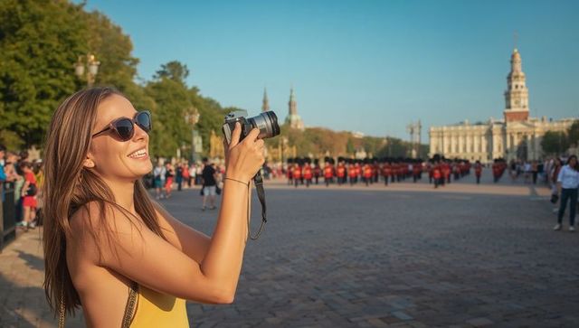 Young woman capturing marching guards in historic city plaza during sunny summer parade