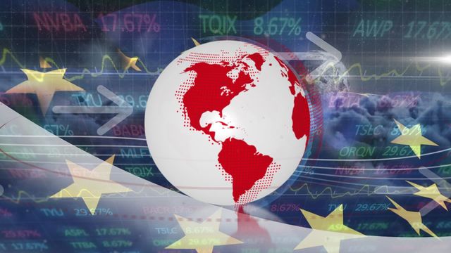 Animation captures essence of global finance with central globe accentuated by arrow signs. Presence of EU flag suggests European economic influence intertwined with global stock indices. Imagery of cloudscape conveys sense of digital conversation and network domains. Ideal for visualizing global investment trends, economic forecasts, or data presentations in an engaging worldly context.