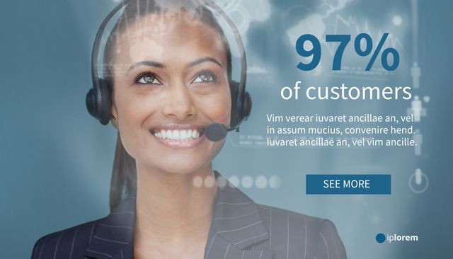 Smiling Call Center Agent with Headset and Infographic Overlay - Download Free Stock Templates Pikwizard.com