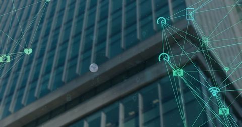 Digital Networking Icons Superimposed on Urban Skyscraper