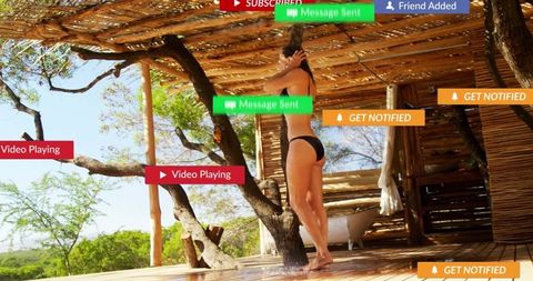 Woman Showering Outdoors with Social Media Notification Overlays