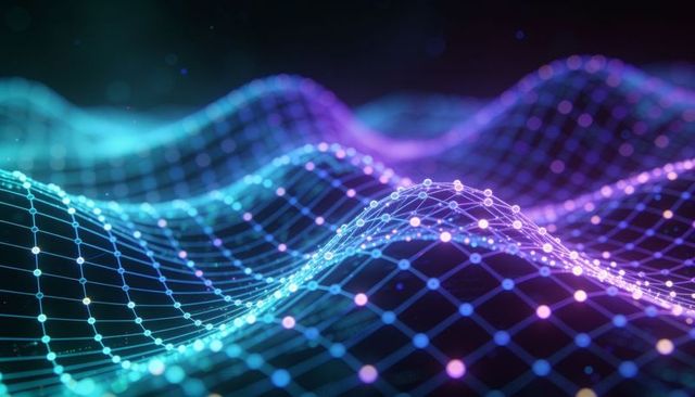 Undulating neon data mesh flowing through dark space with glowing nodes grid and gradient