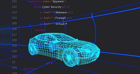 3d wireframe car with html code overlays in futuristic tunnel