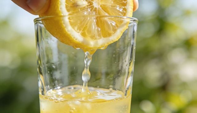 Squeezing lemon over glass producing fresh juice stream and droplets in sunlit garden