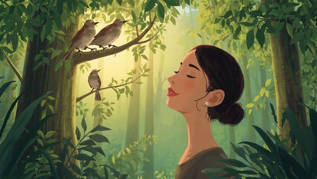 Woman tilting head upward in sunlit forest listening to songbirds, serene mindful portrait
