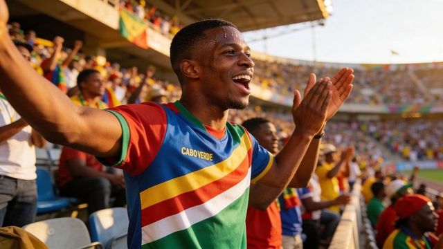 Cabo verde supporter cheering and clapping at stadium rail during football match