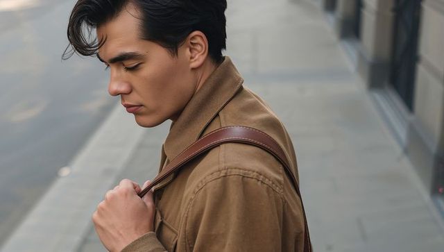 Looking Down Urban Man Wearing Brown Jacket Holding Leather-Strap Satchel on Sidewalk