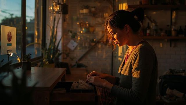 Young barista counting cash drawer at rustic coffee counter during golden hour