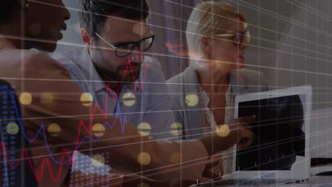 Diverse Team Analyzing Dynamic Financial Graphs in Modern Office