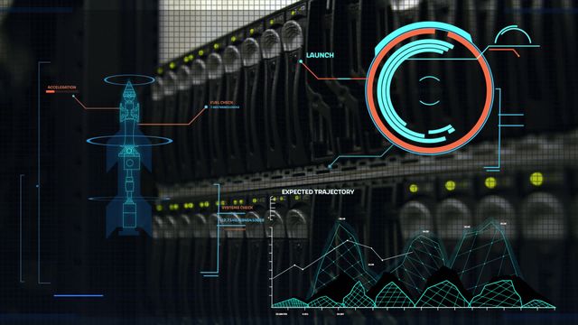 Futuristic digital visualization illustrating rocket launch systems and data processing overlaid on images of server hardware, representing modern technology and innovation. Suitable for materials on space exploration technology, IT infrastructure, or high-tech digital interfaces, demonstrating advanced data monitoring and global connectivity.