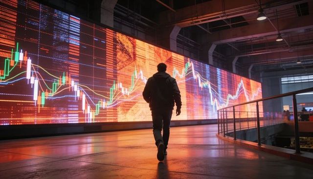 Walking Silhouette Facing Giant LED Candlestick Charts in Industrial Trading Hall