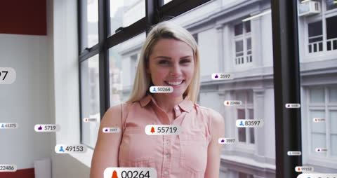 Smiling Businesswoman Surrounded by Animated Social Media Metrics
