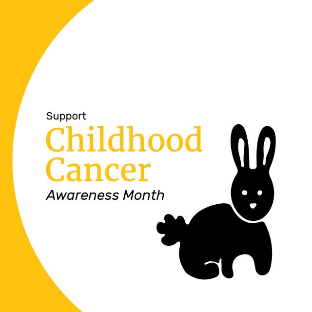 Vector image of rabbit with support childhood cancer awareness month text on white background. Copy space, illustration, raise support, funding and awareness, childhood cancer.