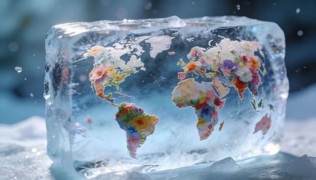 Melting floral world map inside crystal ice block, climate change concept