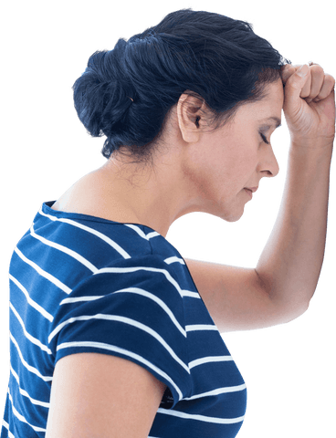 Focused Woman with Dark Hair Leaning on Transparent Background