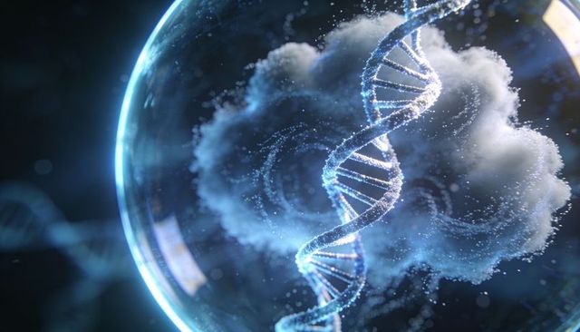 Glowing dna double helix hovering inside glass sphere with luminescent particle cloud