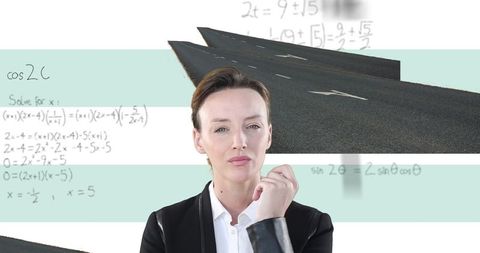 Businesswoman Contemplating with Mathematical Calculations in Backdrop