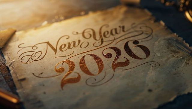 Vintage Gold-Embossed New Year 2026 Calligraphy on Aged Parchment with Ornate Flourishes