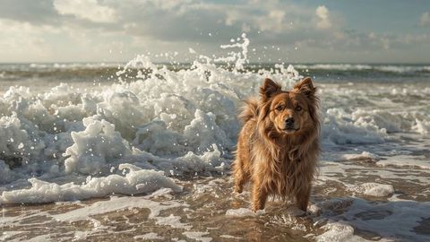 Fluffy red dog joyfully splashing on ocean beach