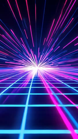 Retro Neon Grid Warp Video Loop Pulsing Magenta and Blue Light Burst Toward Horizon