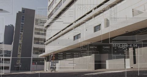 Modern Building with Digital Data Overlays in Urban Environment