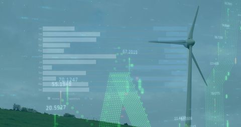 Wind Turbine with Digital Data Overlay on Cloudy Day